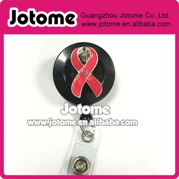

Enamel Pink Ribbon Breast Cancer Awareness Bling ID badge holder retractable reel