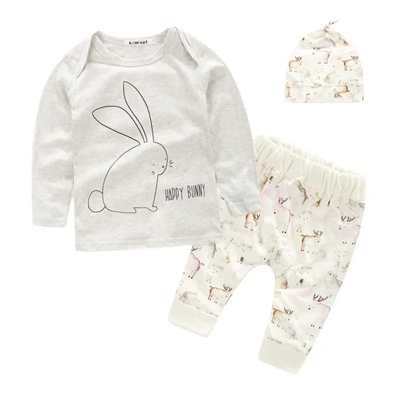 

Lovely Cotton Newborn Kids Rabbit Printed Long Sleeve Cloth Baby Boys Cartoon Top+Pants+Hat Outfits Set 3pcs Fit For 0-4 Y M2