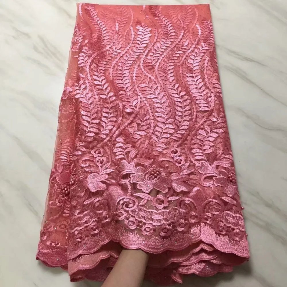 

2018 High Quality African Lace Fabric, PINK WHITE French Net Embroidery With beads Tulle Lace Fabric For Nigerian party Dress