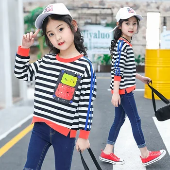 

2019 New Spring Autumn Girl Long Sleeve T-shirts Cotton Striped Kids Top Shirts Clothes for Teenage Girls of 9 10 12 Years Old