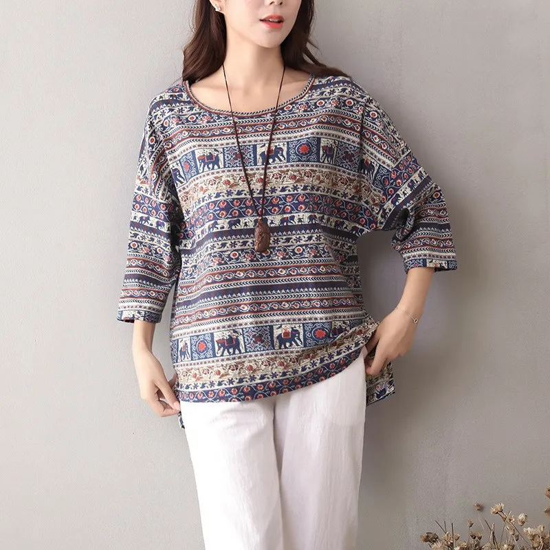 

2019 ZANZEA Women Spring O Neck 3/4 Sleeve Ethnic Printed Blouse Casual Cotton Linen Loose Tops Irregular Shirt Plus Size