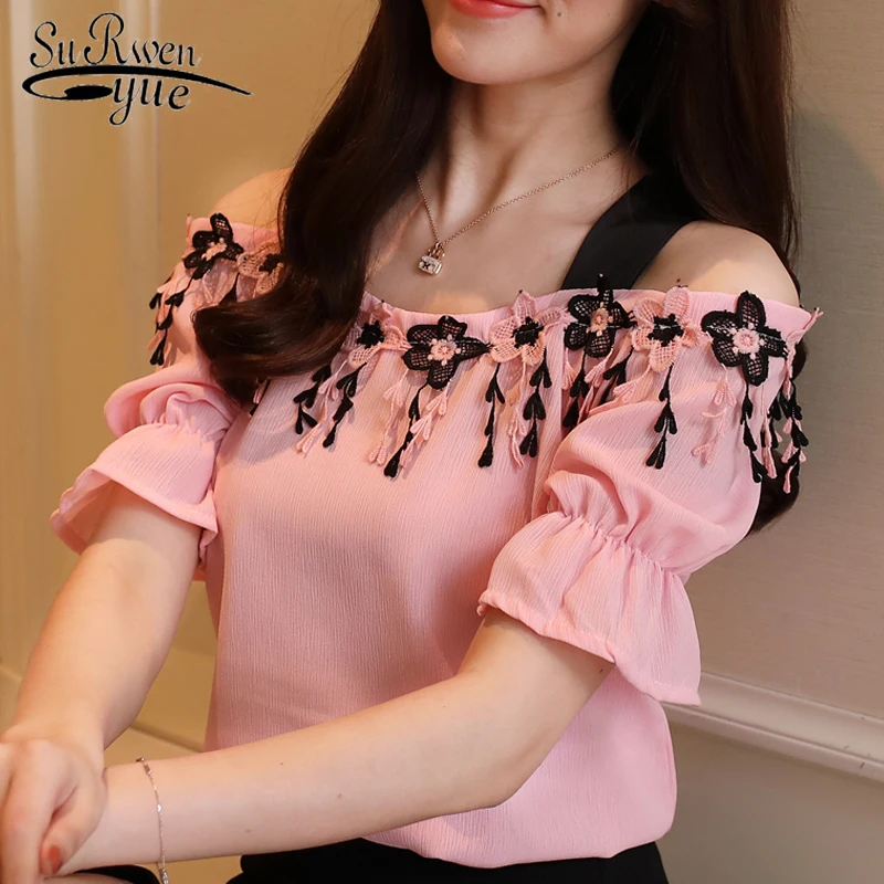 

new summer sweet pink chiffon women blouse shirt fashion 2019 short sleeve women tops slash neck women's clothing blusas D836 30