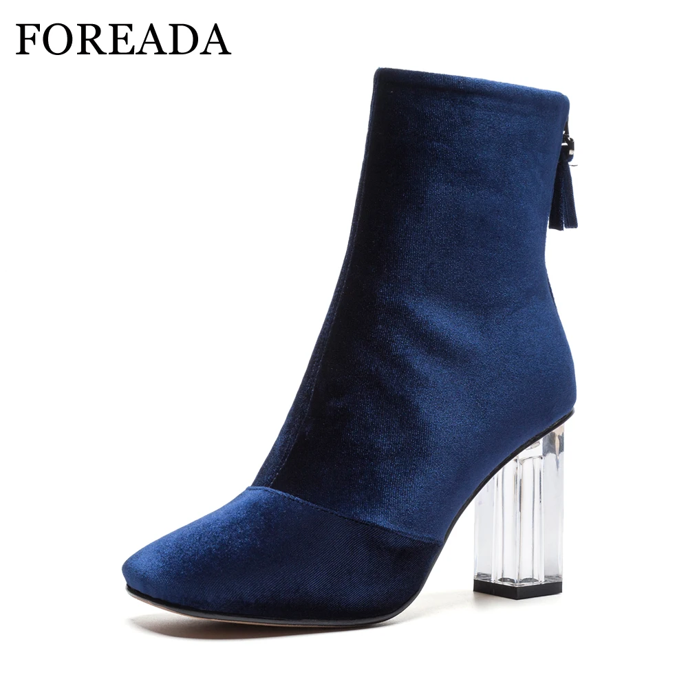 

FOREADA Ankle Boots Women Winter High Heel Boots Square Toe Velvet Transparent Heel Short Boots Autumn Sexy Ladies Footwear