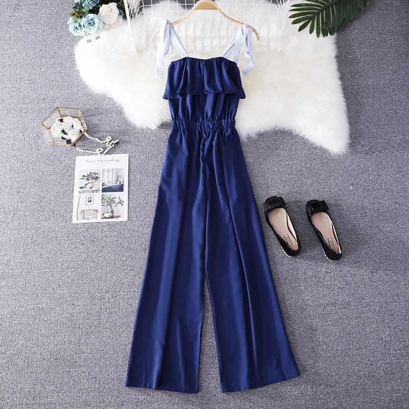 

Jumpsuits Gallus Slash Nect High Waist Solid Lace Up Beach Style