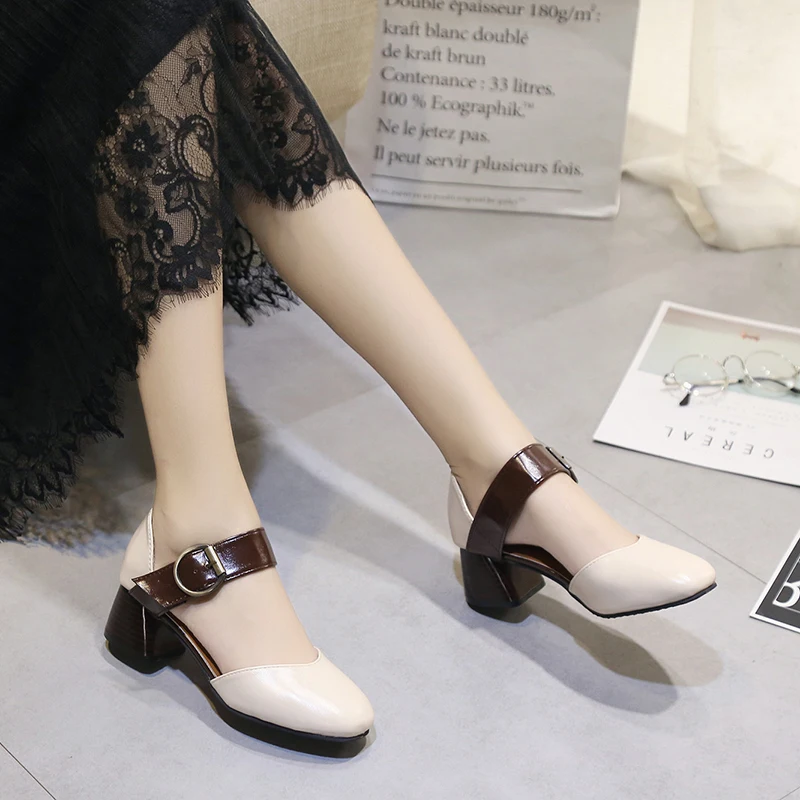 

2019 Women Thick Heel Round Head Patent Leather White High Heel Platform All Match Dress Shoes Small Size 35-39