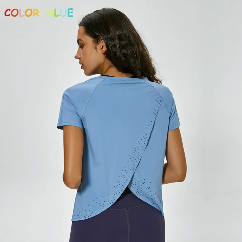 

Colorvalue Loose Fit Nylon Gym Sport T-shirt Women Breathable Hollow Out Training Fitness Tops Sweatproof Yoga Running Tee XS-XL