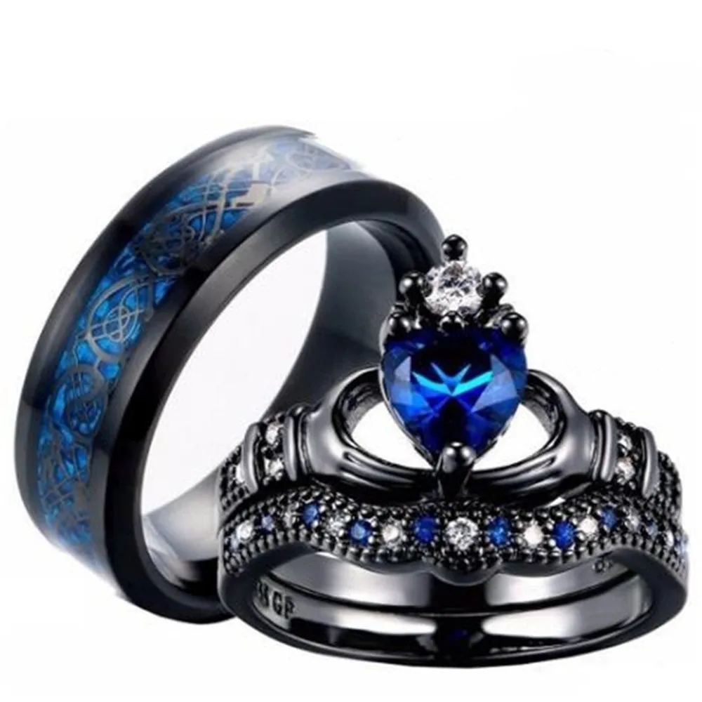 

Fashion Couple Rings Stainless Steel Rock Crystal Men's Band Filled Claddagh Ring Heart Women's Wedding Ring Sets