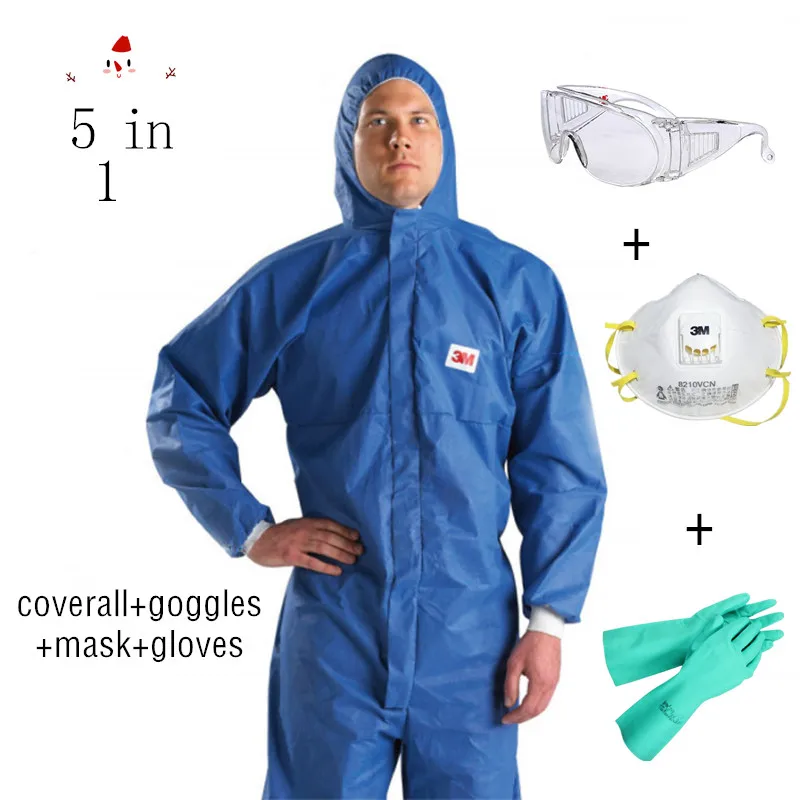 

5 In 1 3M 4532+ Anti-nuclear Paint Coverall with 1611 Splash-proof Goggles 8210V PM2.5 Mask Chemical Industry Oil Tank Clean