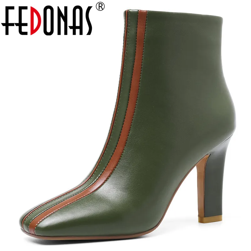 

FEDONAS Top Quality Mixed Colors Genuine Leather Women Ankle Boots Zipper Chelsea Boots Elegant Square Toe Party High Heels