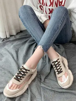 

Fashion trend high quality suede old shoes, sponge cake bottom transparent film PVC lace running shoes women