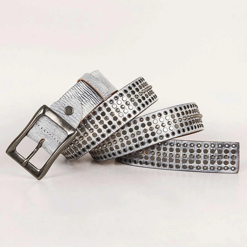남성용 천연 가죽 카우보이 벨트 버클, 빈티지 금속 리벳 펑크 벨트, 크로스 록 청바지 벨트, Ceinture Homme 브론즈, 3.4cm