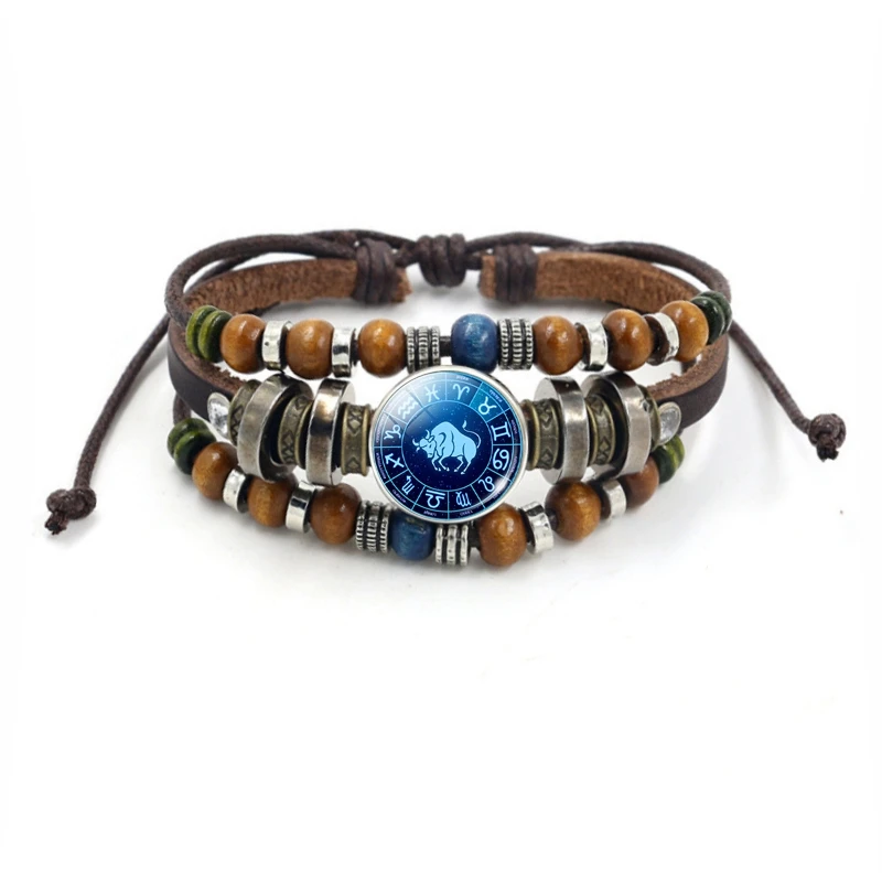 

Zodiac Sign Button Bracelet Cancer Leo Virgo Libra Scorpio Gemini 12 Constellation Punk Braided Leather Bracelet