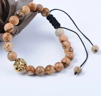 

8mm xi434 gold adjusted Charm copper lion nature picture stone hakra Healing Balance Reiki Buddha Prayer Yoga Bracelet