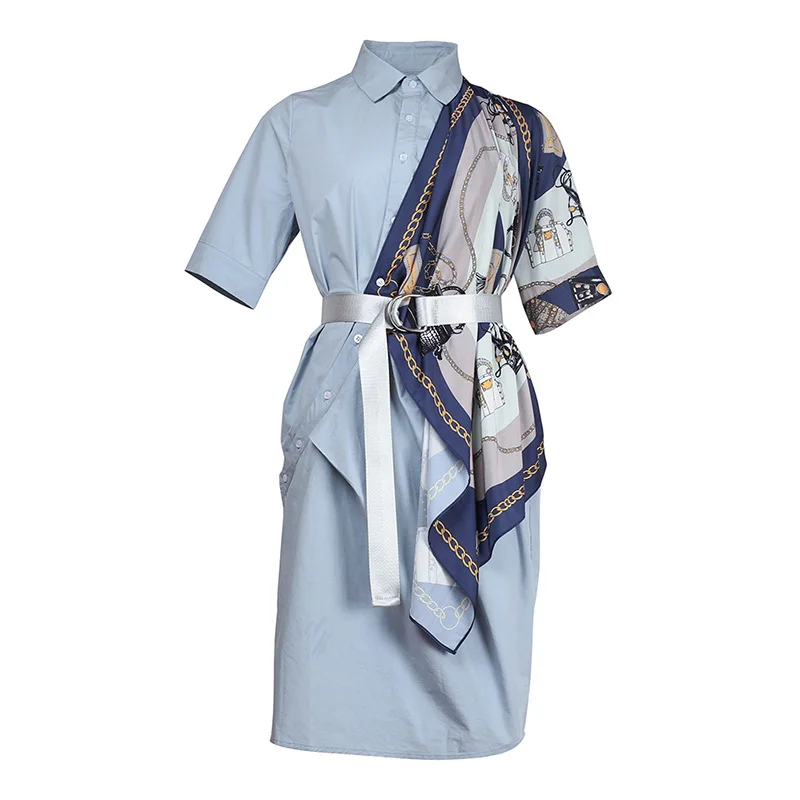 

New Summer Fashion 2019 Women High Street Designing Print Pattern Asymmetrical Patchwork Loose Dress with Belt