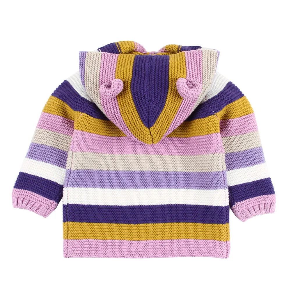 Милый свитер в полоску с рисунком для маленьких мальчиков и девочек от 6 до 24 месяцев вязаные топы с капюшоном, теплое пальто ярко-розовая и синяя одежда Прямая