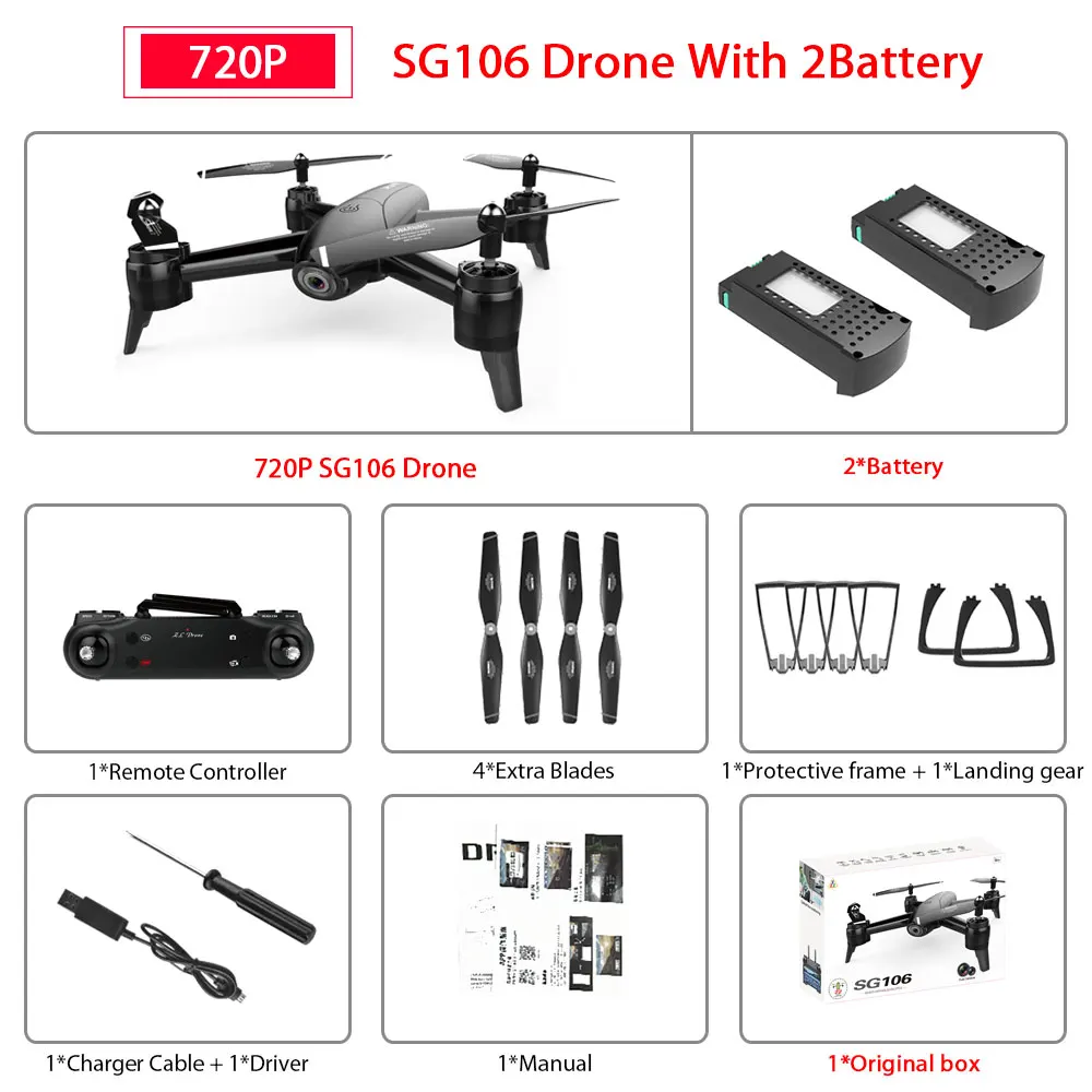 SG106 WiFi FPV Радиоуправляемый Дрон с 720P или 1080P или 4K HD двойной камерой оптический поток воздушный видео Радиоуправляемый квадрокоптер для игрушек Детский Радиоуправляемый Дрон - Цвет: 720P Black 2Battery