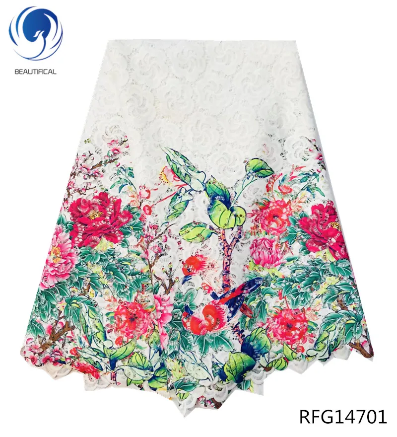 

Beautifical White african lace fabrics Latest design Printing water soluble lace fabric with beads 5yards chemical lace RFG147
