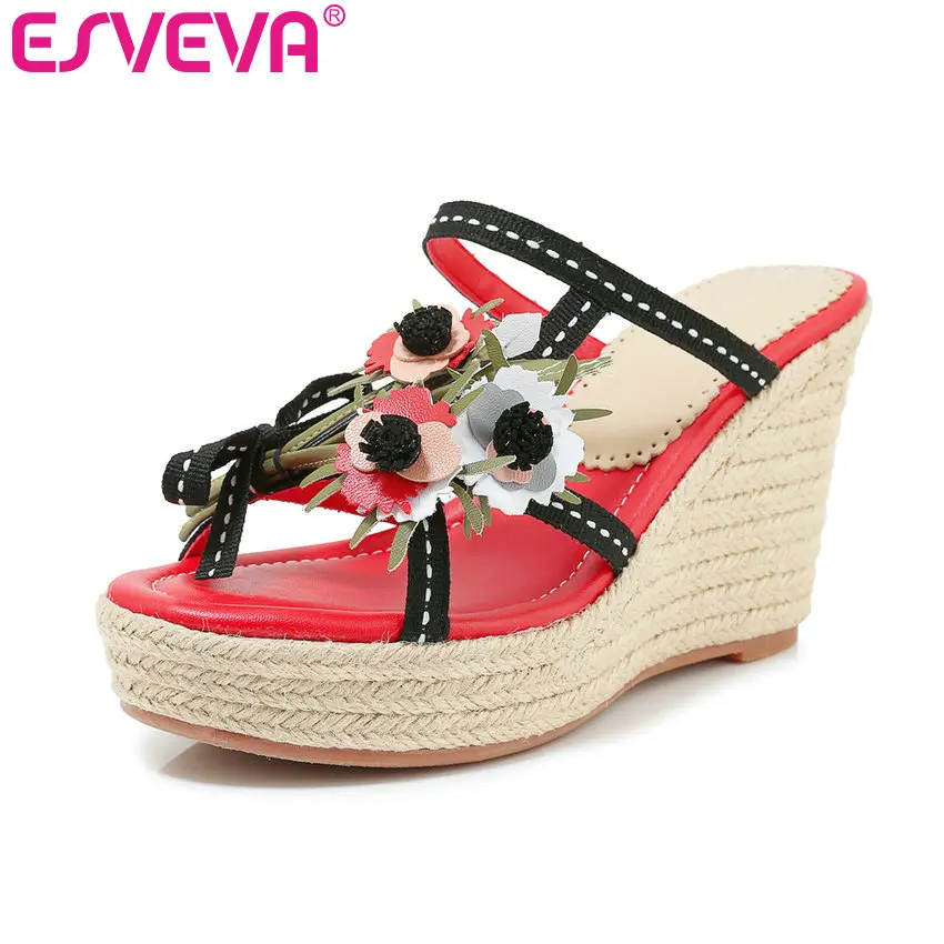 

ESVEVA 2019 Women Sandals Wedge High Heel Mixed Color Peep Toe Slip On Fashion Flower Slingback Shoes Size 34-39