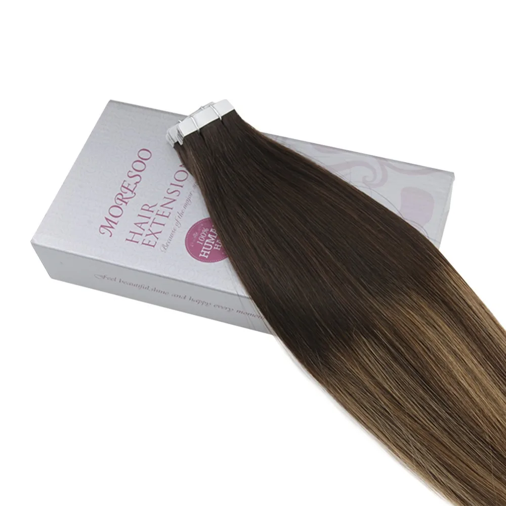 Moresoo Tape in Hair Extensions Human Hair Real Remy Hair Balayage Ombre Color #1B to #3 Brown Highlighted with #27 Blonde