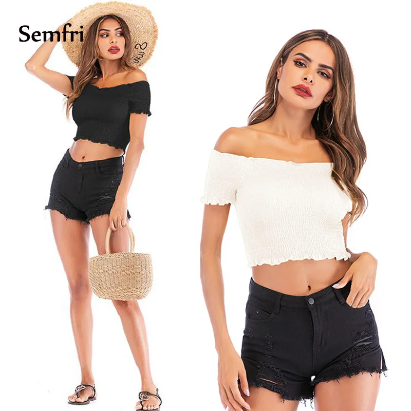 

Semfri Sexy Off Shoulder Crop Top 2019 Short Sleeve Solid Color Tank Vest Slash Neck Slim Elastic Woman Fashion Short Streetwear