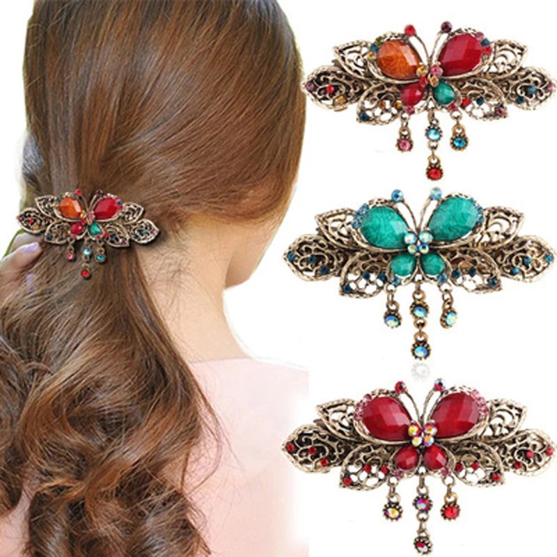 Women Hairpins Vintage Crystal Butterflies Flower Rhinestone Barrettes 