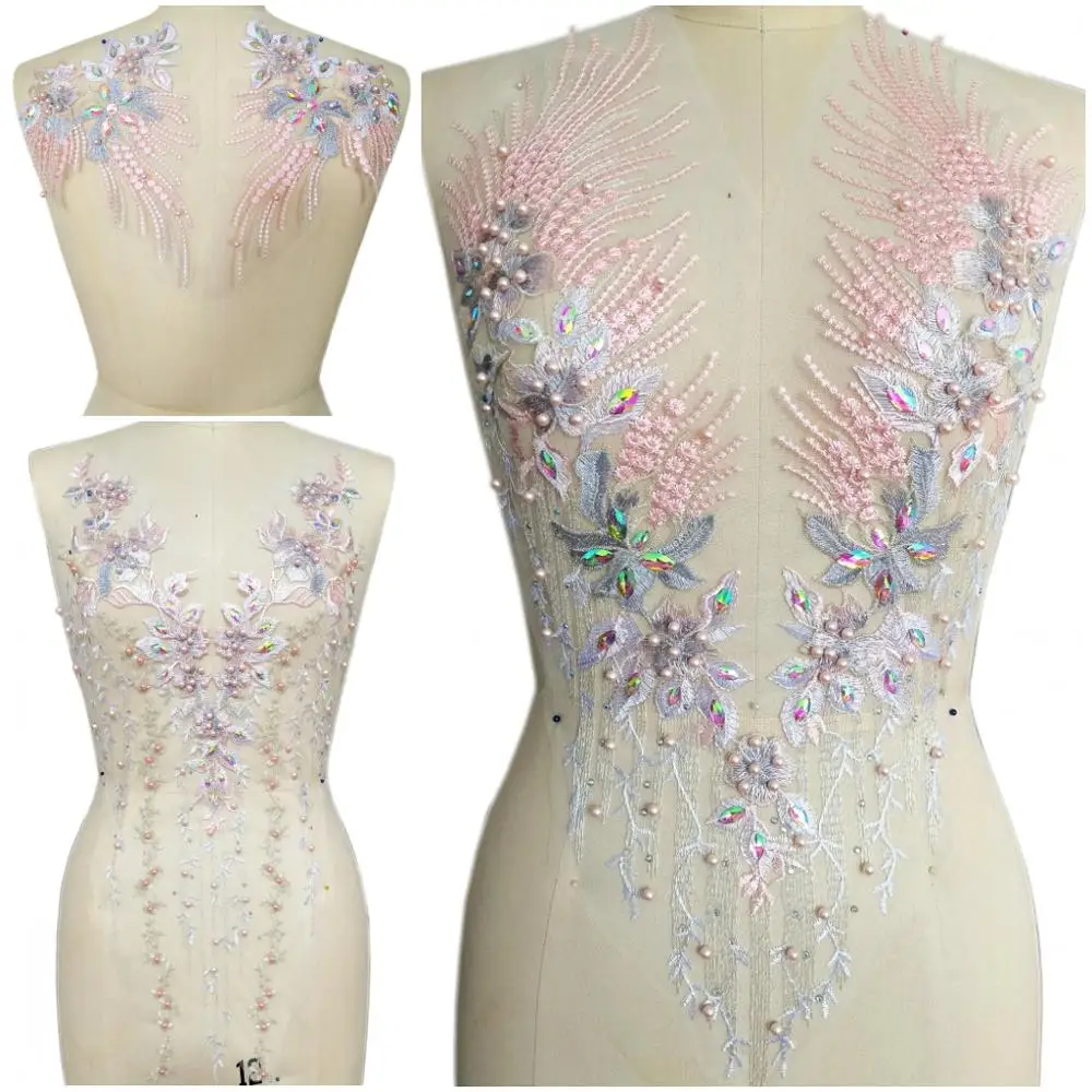 

3D LACE Light Pink Purple Women Dress Clothes African Fabric Beads Crystals Patches Applique For Sewing Dance Costumes Decor Diy