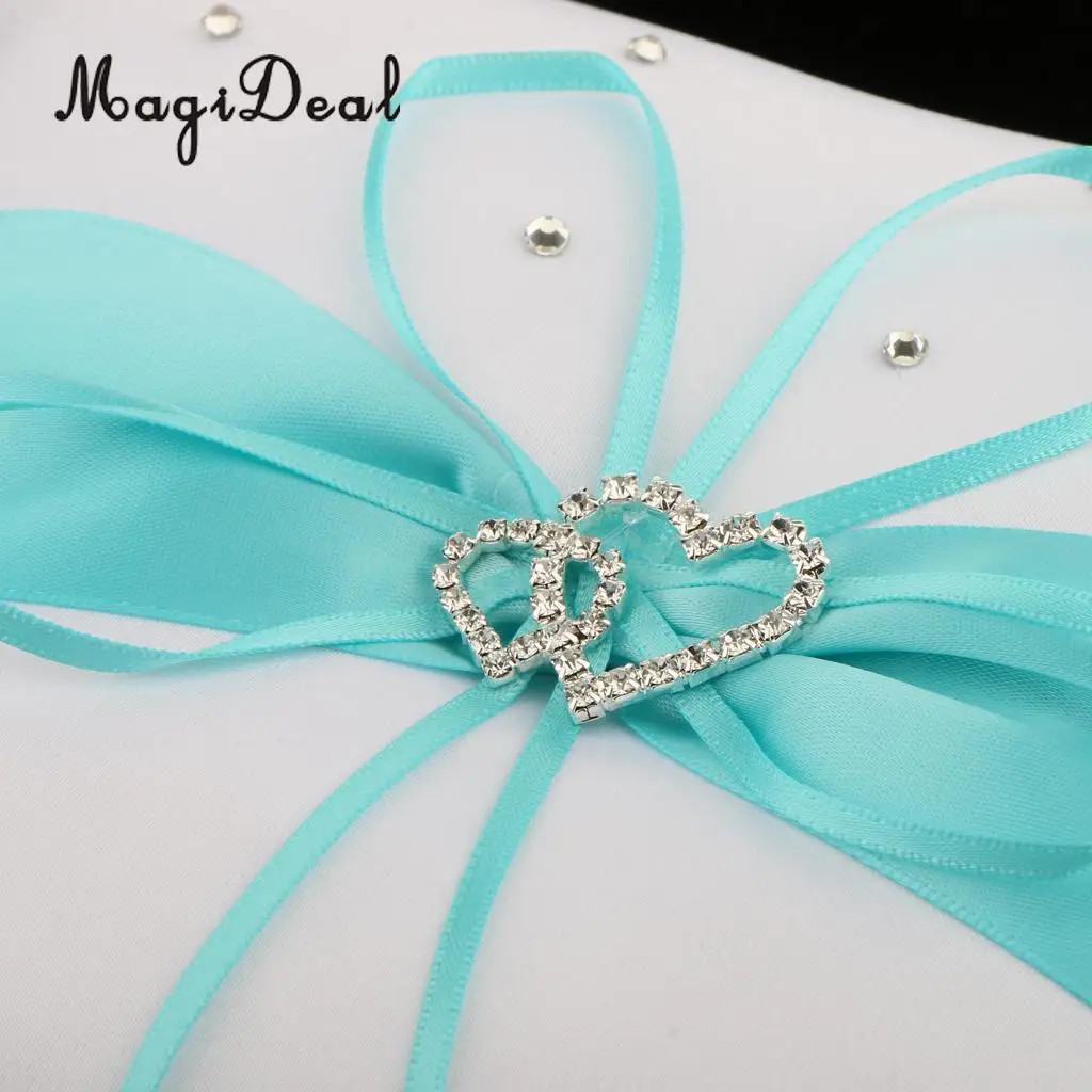 Wedding Ceremony Satin Heart Ring Pillow Diamond Ribbon Ring Bearer Cushion