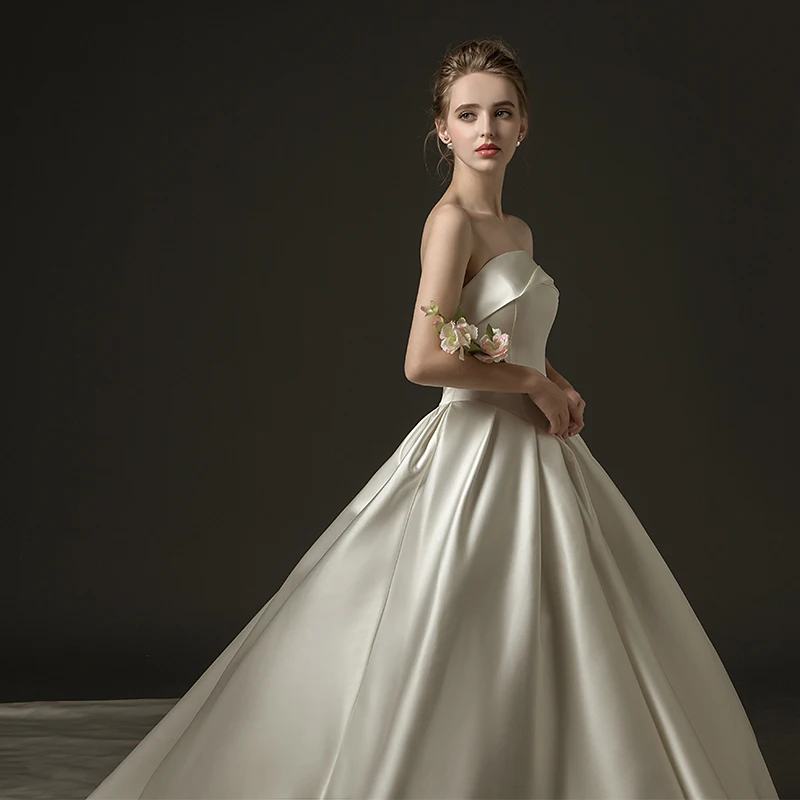 Женское сатиновое платье Erosebridal простое бальное с длинным шлейфом без бретелек
