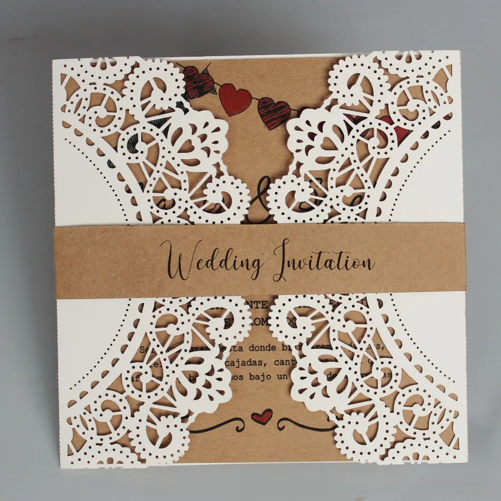  Rustic Wedding Invitation Ivory Lace Wedding Invite Kraft Paper Invitation Cards - Set of 50 pcs - 32898201540
