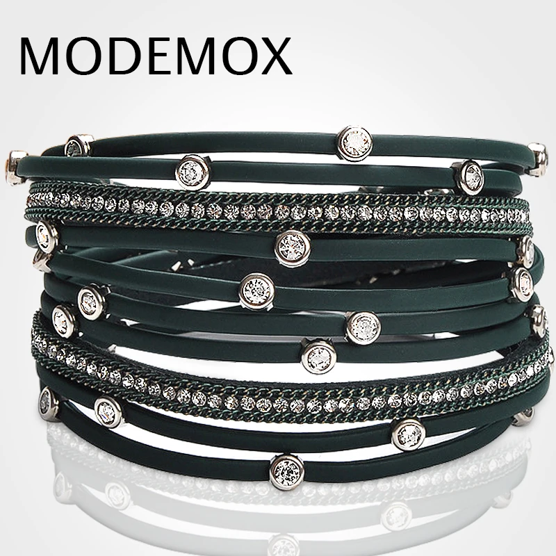 

MODEBOX Zircon Crystal Leather Bracelets Metal Charm Bracelet&Bangle Friendship Wristband For Women