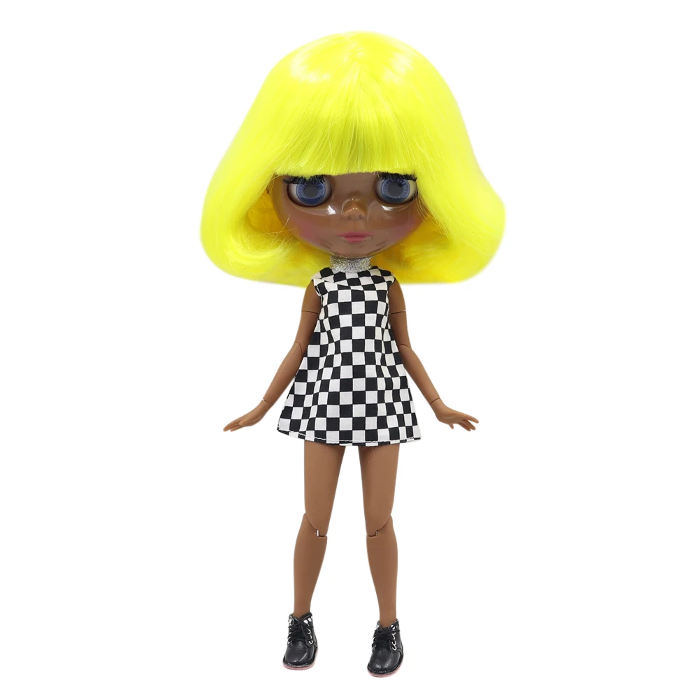 

Blyth nude doll SUPER BLACK Darkest skin tone 30cm Bright yellow short curly hair JOINT body icy sd high quality gifts toy
