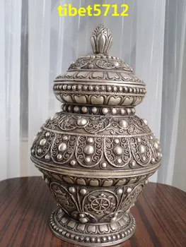 

23 cm tall Tibetan Nepal Bronze coated silver tibet Ksitigarbha treasure symbol pot bottle Decoration real Tibetan Silver Brass