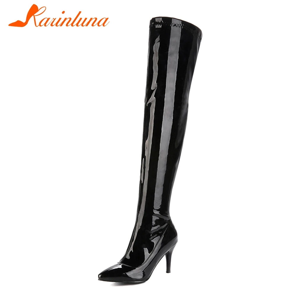 

KARINLUNA New Big Size 32-46 Patent Pu Solid Thin High Heels Pointed Toe Zip Shoes Woman Casual Party Sexy Over The Knee Boots
