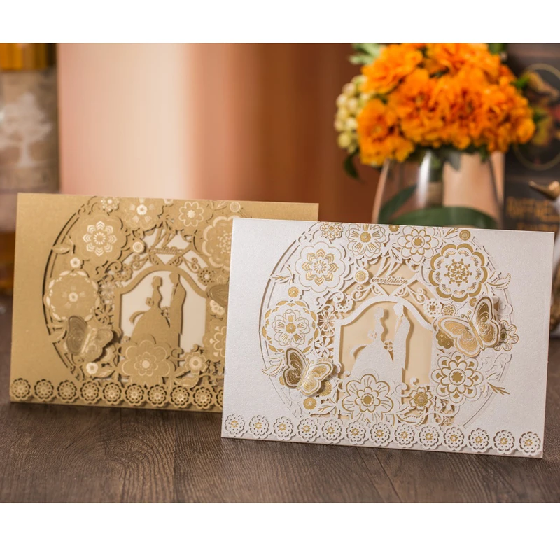 

100pcs Gold White Laser Cut Wedding Invitation Card Bride Groom Marriage Greeting Card Customize Wedding Party Favor Decoration