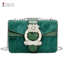 Женская замшевая кожаная сумка через плечо, украшенная драгоценной пряжкой, Дамская маленькая сумка на плечо с цепочкой, зеленый черный кошелек-мессенджер