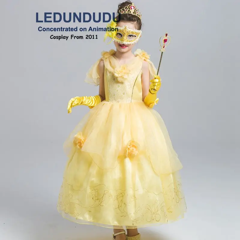Hot Beauty and the Beast Cosplay Costume Girls Gorgeous Princess Dress Children Fancy Halloween Clothes Belle Princess Dress (20)