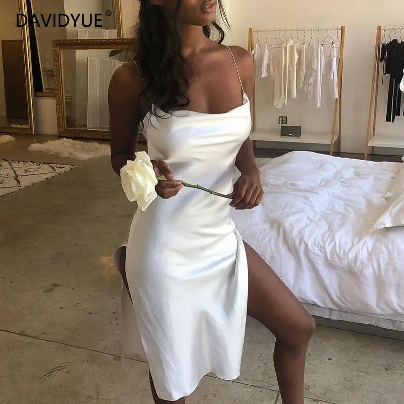 

Sexy Split bodycon satin dress women Strap midi dress korean off shoulder black white night party dress casual summer dress