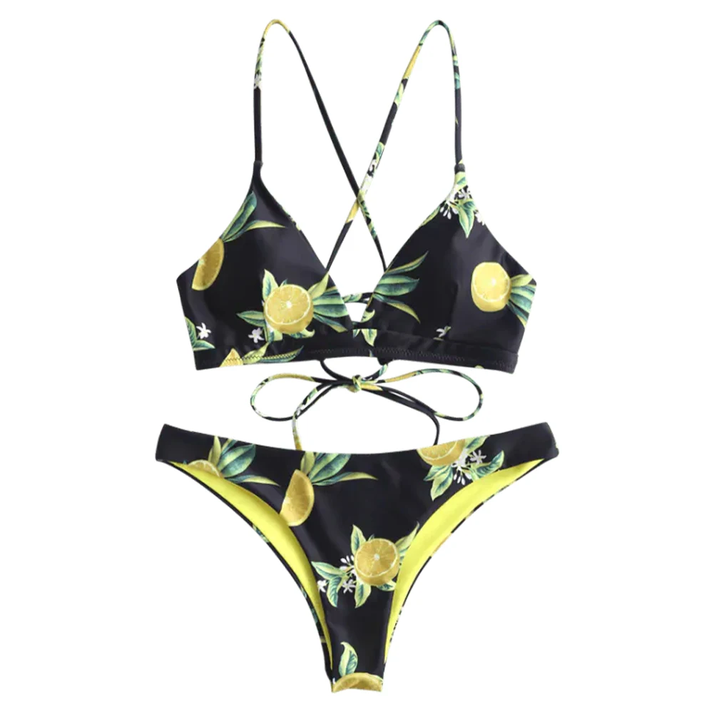 

Women Adults Orange Print Beach Sexy Backless Criss Cross V Neck Sling Summer Two Piece High Waist Bikini Set Triangle Cup