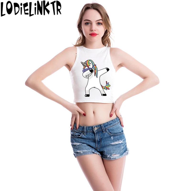 

New Cartoon Unicorn Print Women Crop Top Sweet Design Sleeveless Round Neck Funny Tank Tops Girls Summer Casual Short Vest 8VB
