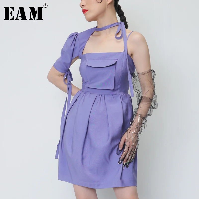 

[EAM] 2019 New Spring Summer Halter Short Sleeve Sling Pockets Bandage Pleated Bow Bandage Dress Women Fashion Tide JY085