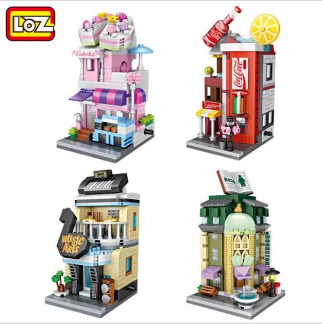 LOZ Mini Blöcke Stadt Serie Straße bausteine Kuchen Shop Musical Art Store Ecke Buchhandlung Modell mit sammlung wert spielzeug