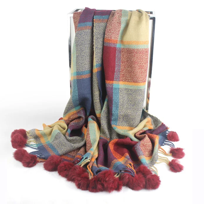 

Colorful plaid cashmere scarves with rabbit fur pom pom women winter thick warm blanket scarf shawl wraps bufanda new fashion