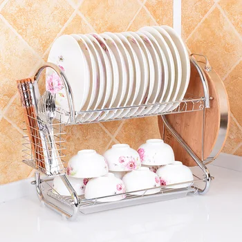 

S-Shaped Dish Rack Set 2-Tier Chrome Stainless Plate Dish Cutlery Cup Rack With Tray Steel Drain Bowl Rack Kitchen Storage Shelf