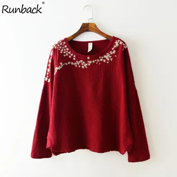

2020 Spring Summer New Women Cotton Casual Embroidery Round Neck Long-Sleeved T-shirt Loose Large Size T-shirts Hot Sale