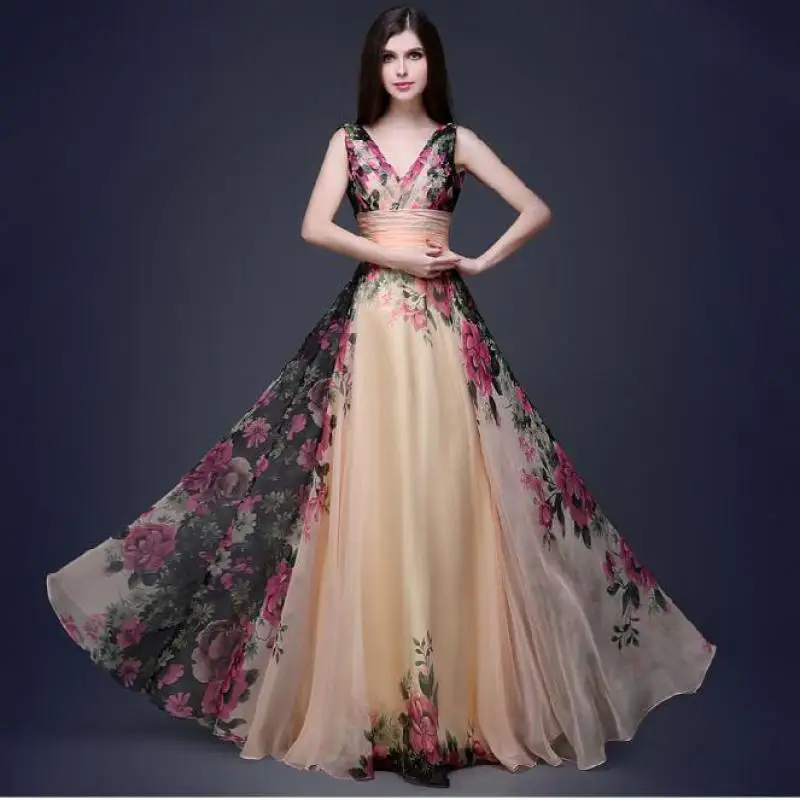 Tanie 2020 letni top sprzedaży długość podłogi elegancki Temperament kwiatowy wzór w stylu vintage sukienka maxi bez rękawów V Neck sukienka szyfonowa darmowa wysyłka