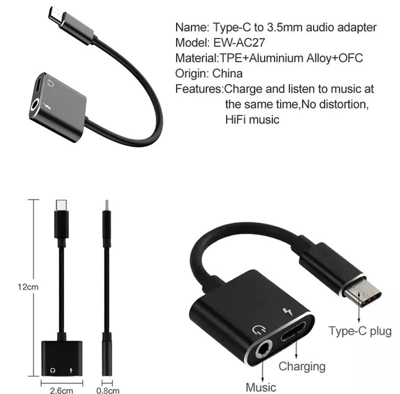 USB-C Мужской до 3,5 мм и USB-C женский 1 вход 2 выход аудио сплиттер Jack адаптер для iPhone наушников аудио зарядки конвертер