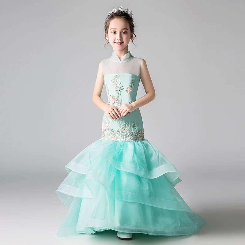 

Luxury Mermaid Flower Girl Dresses For Wedding Larered Trailing Stand Collar Chinese Style Kids Pageant Dress For Birthday