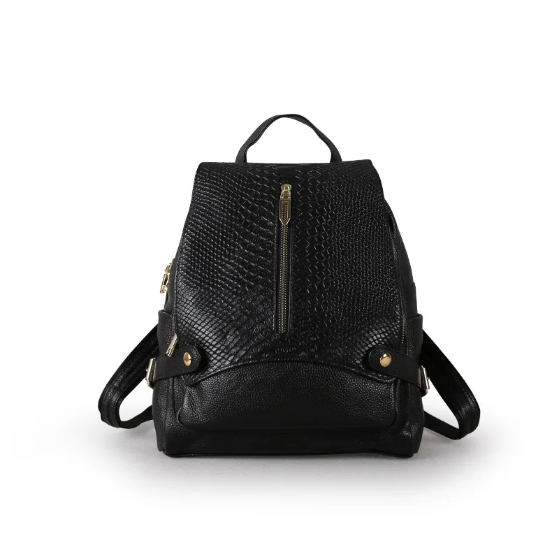 Рюкзак из воловьей кожи с узором «крокодиловая кожа», женский рюкзак с защитой от кражи, школьный рюкзак со змеиным узором для девочек, дорожная сумка - Цвет: Черный