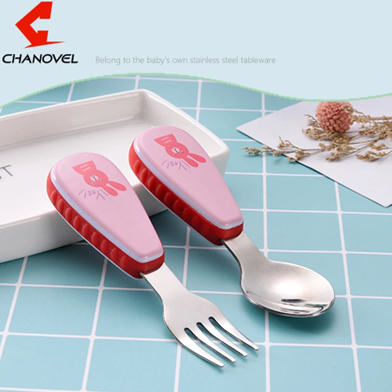 

CHANOVEL 2 Pcs Children Cartoon Cutlery Set 304 Stainless Steel Forks Sets Portable Cute Travel Kids Dinnerware Set