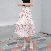 Летняя новая женская юбка-пачка с цветочным принтом, шифоновая длинная юбка до щиколотки, шифоновая юбка с оборками